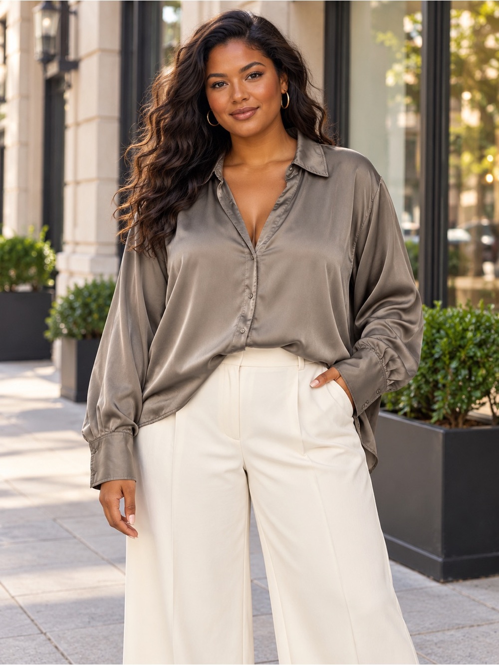 H&M Satin Button-Down Blouse - Taupe Green